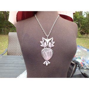 Pink and Silver Color Signed Owl Pendant on 24" Link Alloy Chain - Retro 1970s